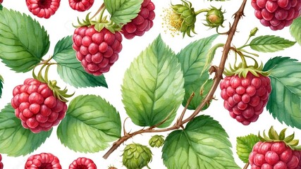Ripe red raspberries with vibrant green leaves on a white background showcasing nature's detail and beauty
