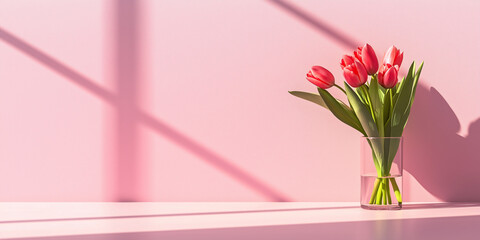 Minimalist plain pink background for product photography, with vaze and tulips