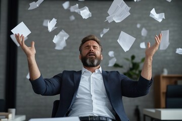 Gestresster Gesch&auml;ftsmann wirft Dokumente in die Luft

