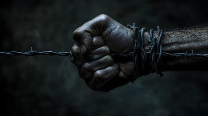 Clenched fist gripping barbed wire, resistance and struggle against oppression. Raw emotion and intensity.  National Human Trafficking Awareness Day background
