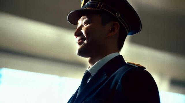Professional train conductor wearing crisp uniform, radiating warmth and confidence while standing near train platform, embodying friendly service and transportation industry expertise