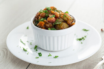 lean vegetable stew with beans, brussels sprouts, tomatoes and other vegetables