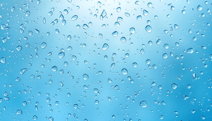 drops of water on a blue background, drops on glass. The drops are transparent and shiny, creating an effect of moisture and freshness.