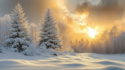 Fototapeta premium Golden Sunrise Winter Wonderland Snow Covered Trees