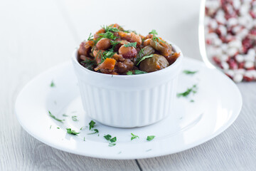 beans cooked with Brussel sprouts, tomatoes and other vegetables