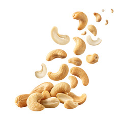 Falling cashew nuts with transparent background
