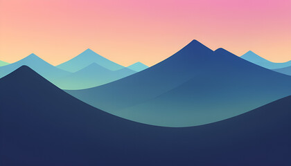 Minimalistic landscape with mountains obscured by fog, against the background of a gentle blue sky.  The mountains look majestic and mysterious, and the fog gives them a mysterious atmosphere.