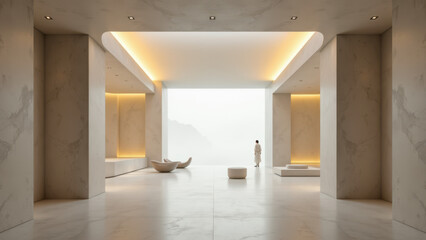 Elegant modern church interior with architectural columns and natural light.
