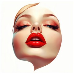 woman with vibrant red lipstick and a Hollywood glam style, isolated on white