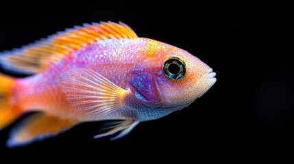 Vibrant orange fish swims in dark aquarium