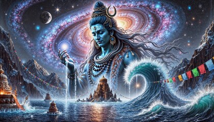 Lord Shiva Holding a Cosmic Orb Amidst Waves and a Celestial Galaxy  