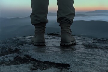 Boots on Rocky Peak: Dawn Over Misty Mountains.