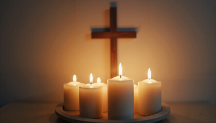 Softly glowing candles with cross in peaceful setting, symbol of faith, Maundy Thursday