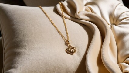 Fototapeta premium Elegant gold necklace with scallop pendant on luxurious silk pillow for jewelry product display