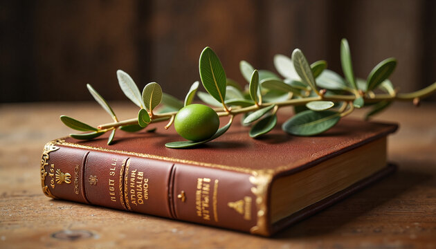 Olive branch symbolizing peace on wooden Bible, spiritual reflection, Maundy Thursday