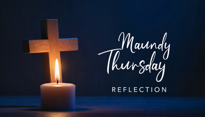 Lit candle by wooden cross against deep blue background, spiritual reflection, Maundy Thursday