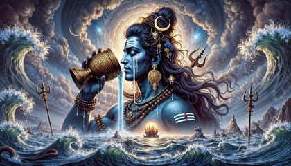 Lord Shiva Drinking Halahala Poison Amidst Cosmic Waves