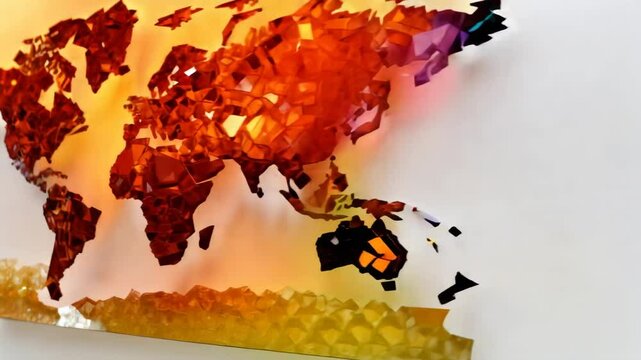 A vibrant representation of the world map made from colorful crystals creatively arranged on a white background.