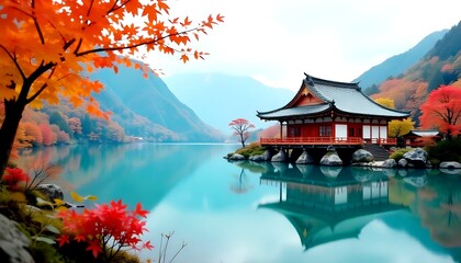 Naklejka premium Scenic Japanese pagoda on lake with cherry blossoms and mountains in the distance