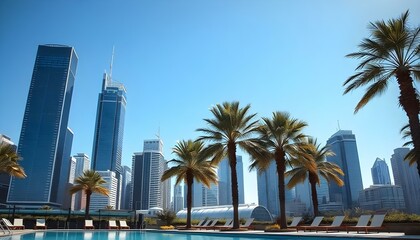 Fototapeta premium A modern city skyline with steel and glass skyscrapers, palm trees, and a pool with lounge chairs