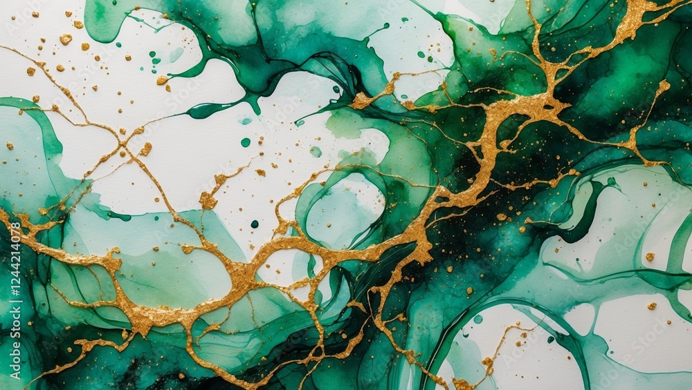 Poster abstract design featuring turquoise and gold patterns on a white background
