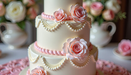 Elegant wedding cake with pink roses and pearl decorations