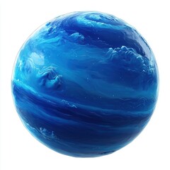 of Neptune, a deep blue ice giant with violent storms and thin, barely visible rings on a white background
