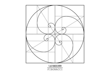 Fibonacci Sequence Spirals. Golden ratio. Geometric shapes spiral in golden proportion, minimalist line art design. Vector circular Logo icon isolated on white background