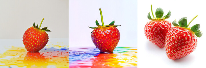 Set of Red strawberry with Yellow color sprinkled on the colorful water isolated on a transparent background