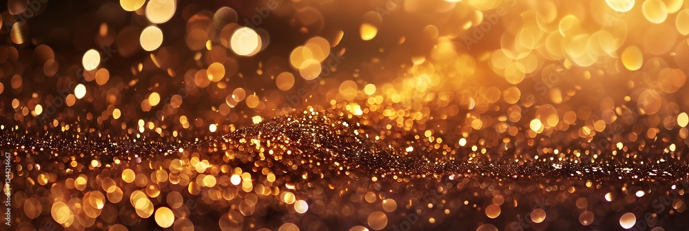 Poster golden bokeh lights abstract background. shimmering glitter and blurred sparkles creating a festive,