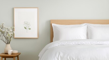 Minimalist bedroom interior, calm decor,  peaceful morning.  Stock photo use