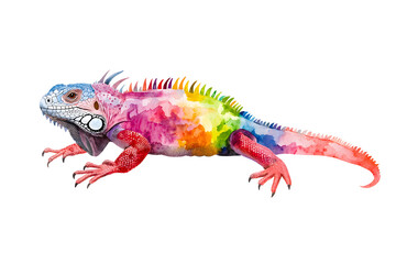 Fototapeta premium Rainbow color reptilian Iguana sitting on white backdrop