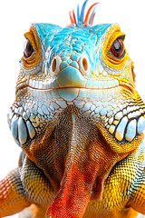 Fototapeta premium Rainbow color reptilian Iguana sitting on white backdrop