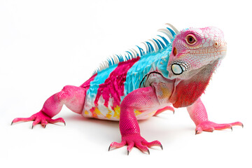 Obraz premium Rainbow color reptilian Iguana sitting on white backdrop