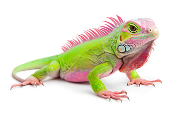 Rainbow color reptilian Iguana sitting on white backdrop