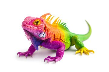 Fototapeta premium Rainbow color reptilian Iguana sitting on white backdrop
