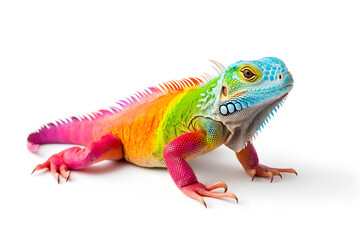 Obraz premium Rainbow color reptilian Iguana sitting on white backdrop