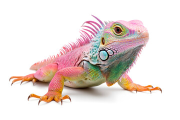 Obraz premium Rainbow color reptilian Iguana sitting on white backdrop