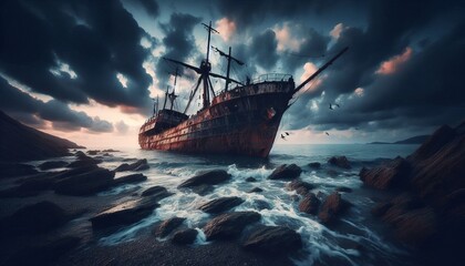 Obraz premium Abandoned shipwreck on a beach at sunset with dramatic clouds and waves creating a hauntingly beautiful scene