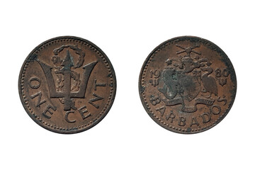 1 Cent 1980 coin. Coin of Barbados. Coin 1 cent 1980 Obverse and Reverse on white background. The national arms of Barbados dividing the date