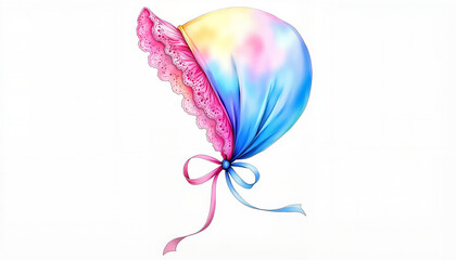 Colorful pastel baby bonnet with lace trim and ribbon ties, childhood joy