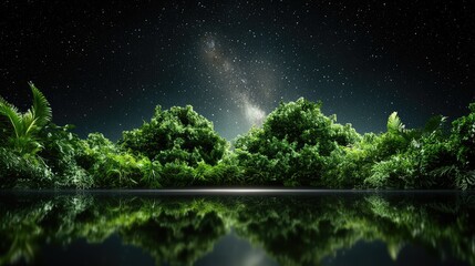 Naklejka premium Tropical Night Starry Sky over Lush Rainforest Reflection