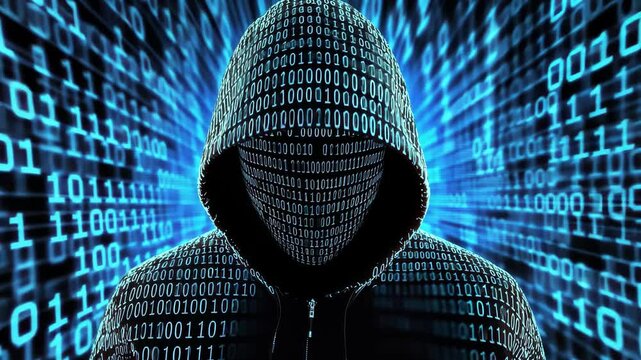 Cybersecurity threat depiction: anonymous hacker amidst digital binary code