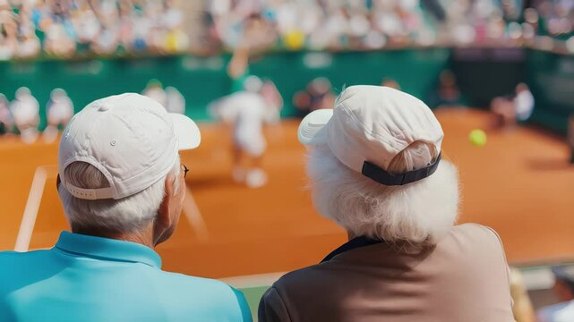 Senior tennis enthusiasts sitting in stadium stands, watching competitive match with intense focus and shared enjoyment of dynamic sporting event under sunny conditions