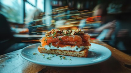 Smoked Salmon Toast, Cafe Interior, Busy Scene, Close-up