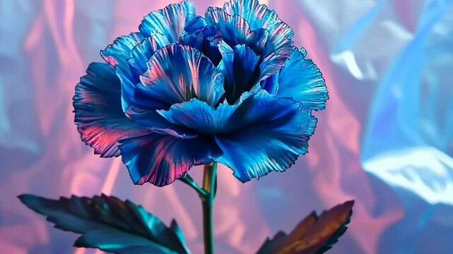 Vibrant blue carnation blooming against abstract colorful backdrop