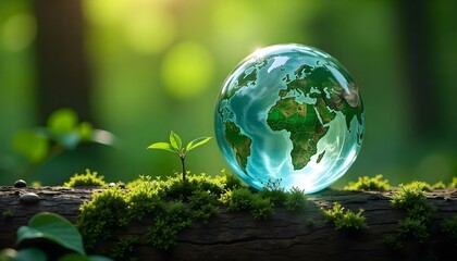 A glass globe with the world map, resting on moss and surrounded by leafy plants