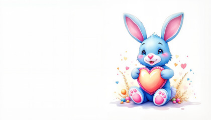 Colorful bunny holding heart on white background with copy space, love and joy