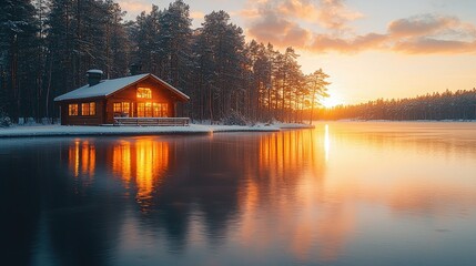Fototapeta premium Illuminated Cabin Beside Frozen Lake at Sunset