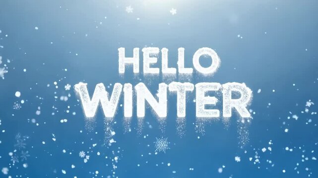 A festive Hello Winter with a frosty effect, surrounded by falling snowflakes on a blue background, celebrating the winter season. . High quality 4k footage